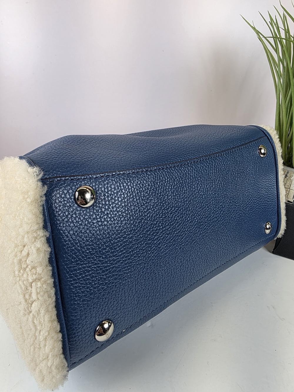 Coach Bennett Shearling Blue Pebble Leather Satchel Hand Crossbody Bag Sherpa - Picture 6 of 13